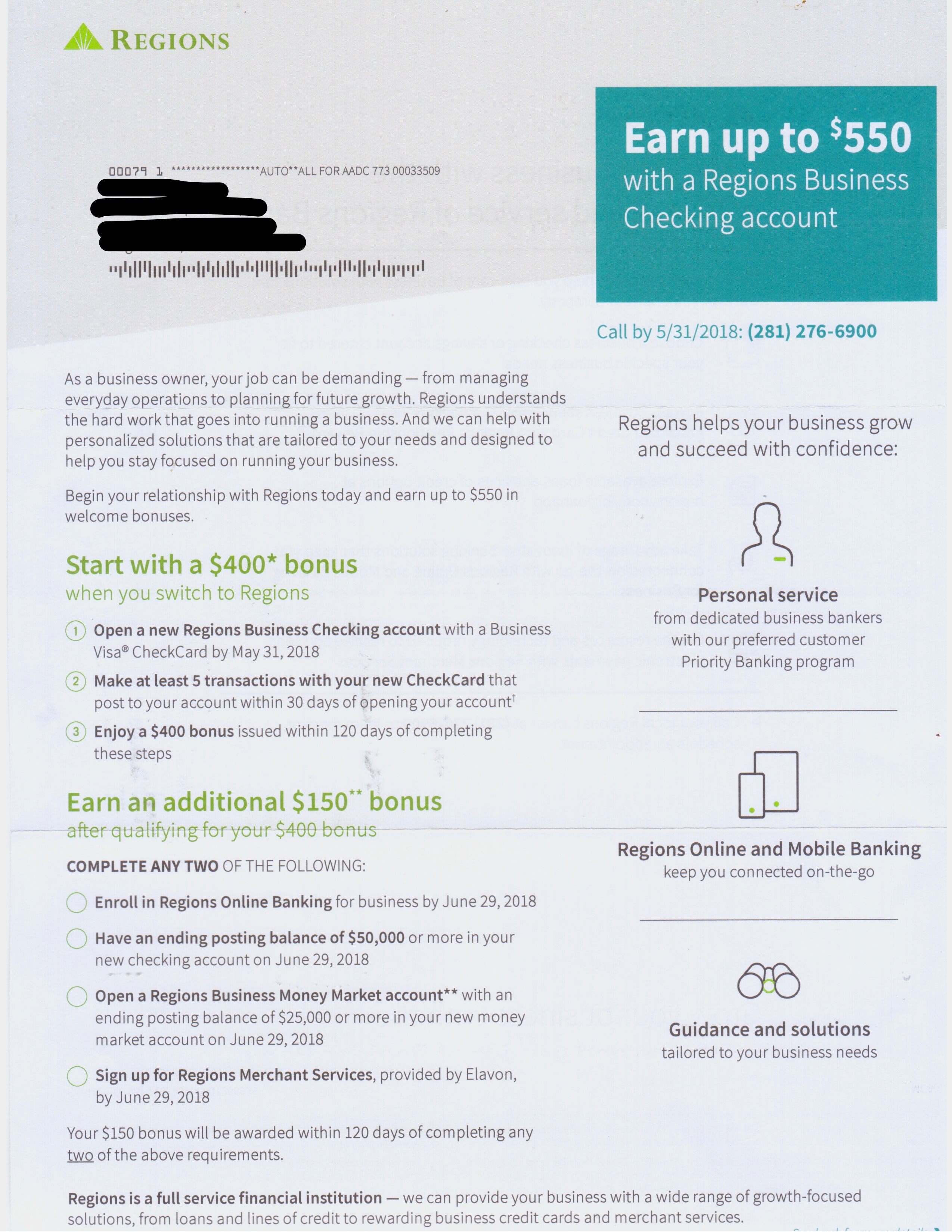 Regions Bank 300 Business Checking Promotion [AL, AR, FL, GA, IA, IL