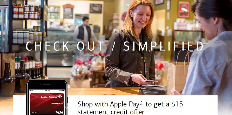 Bank of America Apple Pay Offer: Get $15 Credit Bonus When You Make 3 Purchases w/Bank of America Cash Rewards Card (Targeted)