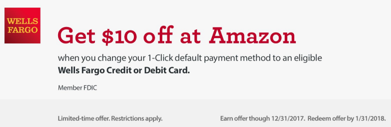 Amazon 1-Click Default Payment Bonus: Get $10 Amazon Statement Credit When Setting Up w/Wells Fargo Card (Targeted)