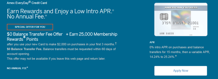 Amex Everyday Credit Card 25,000 Bonus Points + 0% APY For 15 Months With $0 Balance Transfer Fee + 2X Points on Supermarkets + No Annual Fee (Incognito)