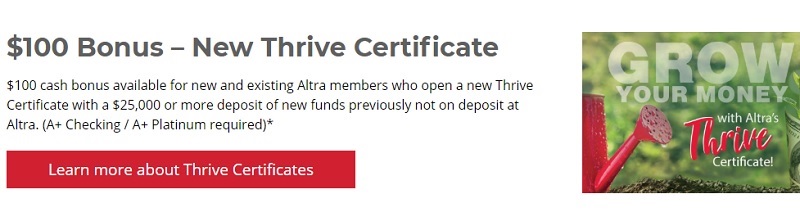 Altra Federal Credit Union $100 Certificate Bonus