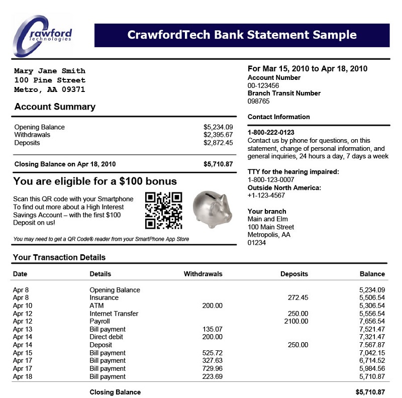 Example of a bank statement