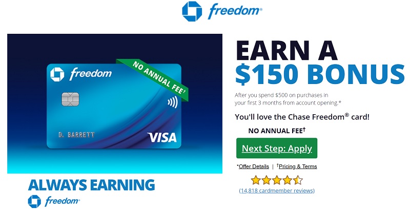 Chase Freedom Credit Card $150 Bonus + 5% Quarterly Cash Back
